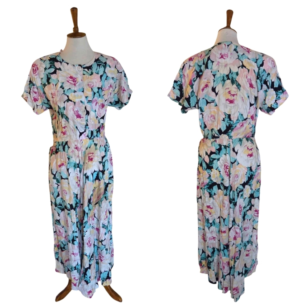 1980s Carol Anderson California Rayon Floral Print Short Sleeve Midi Aline Dress